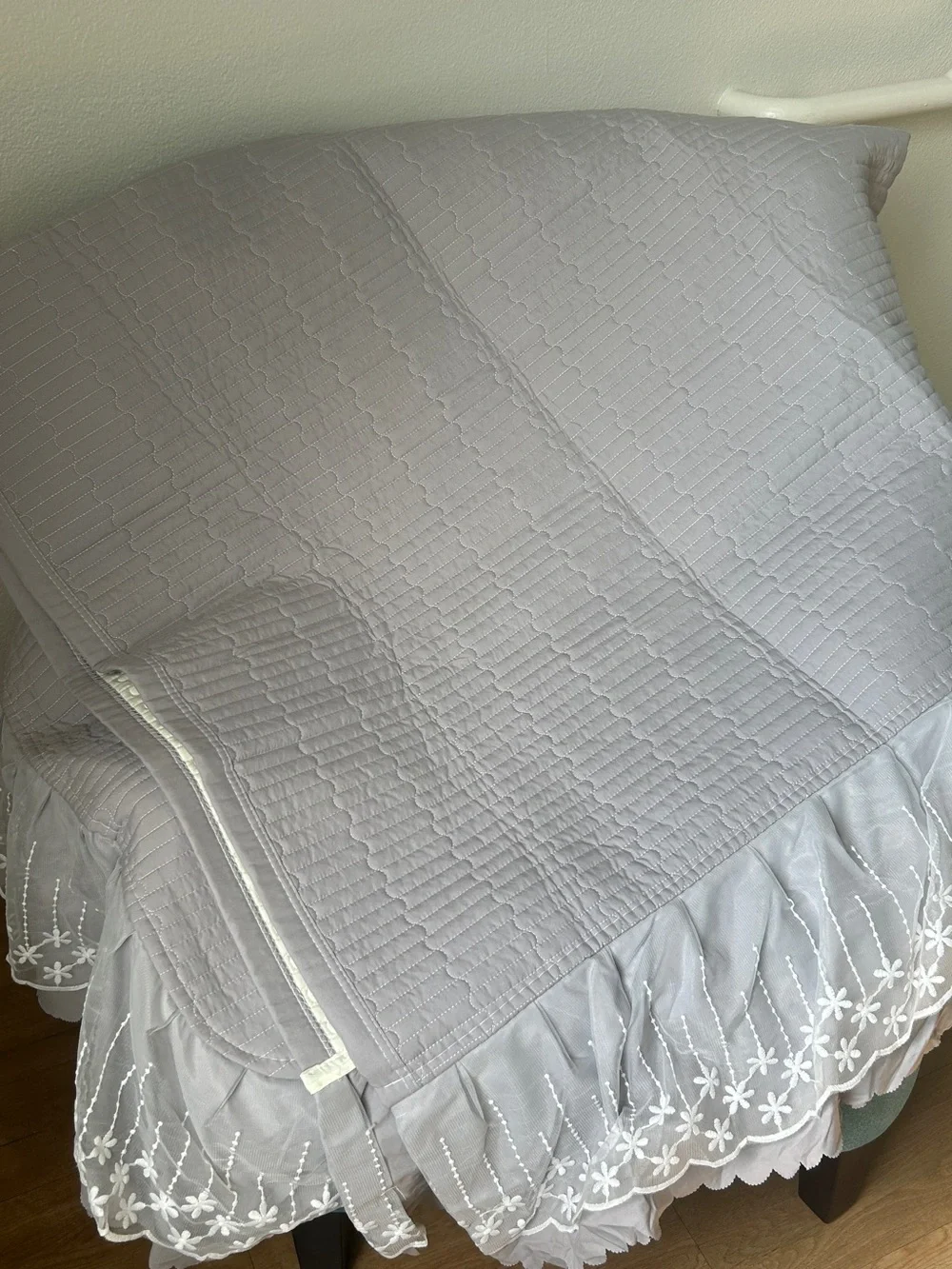 NWT Ziranban Gray Quilted Floral Lace Ruffle Bedspread Coverlet Full Queen